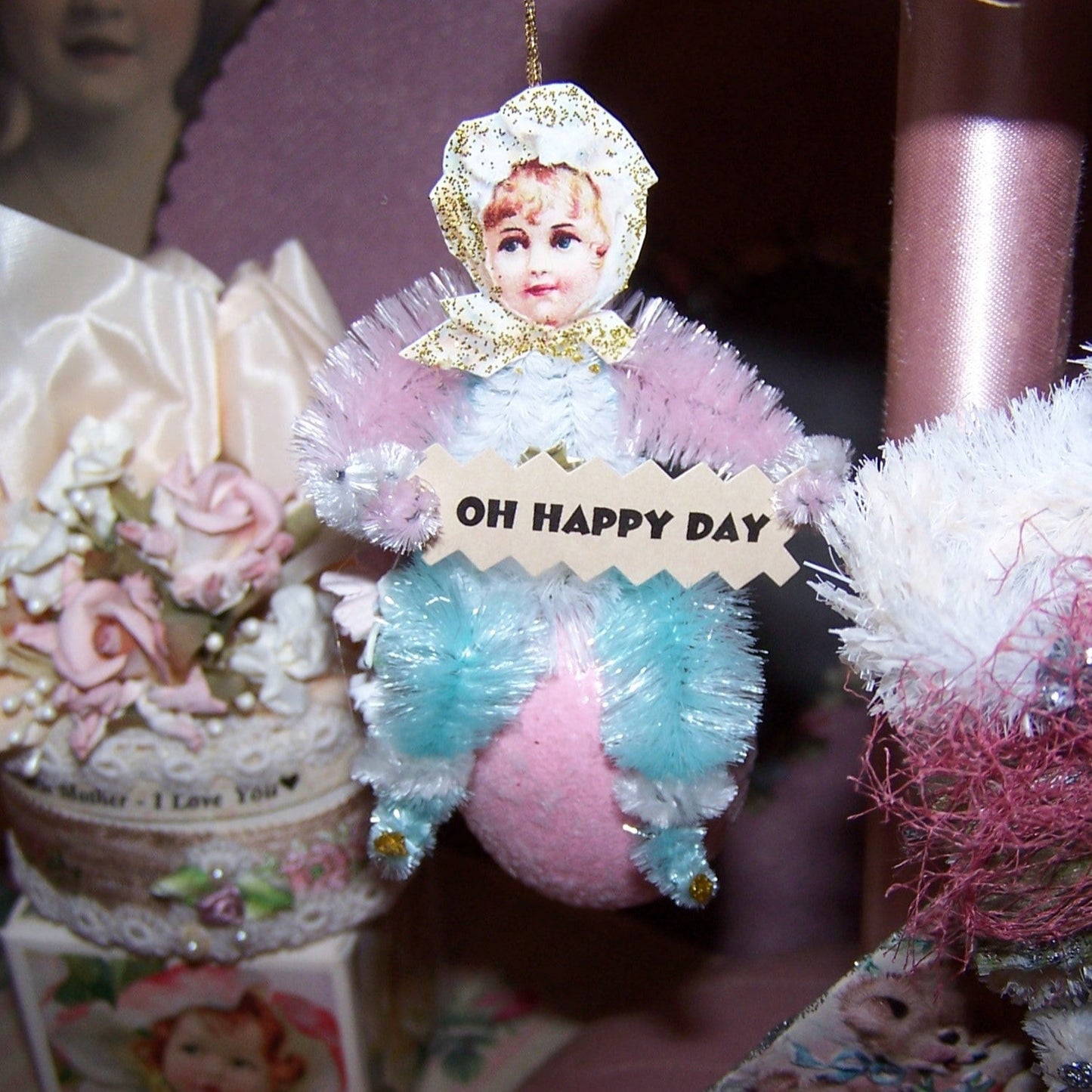 Victorian Revival Chenille Ornament | Little Girl on Egg - OH HAPPY DAY