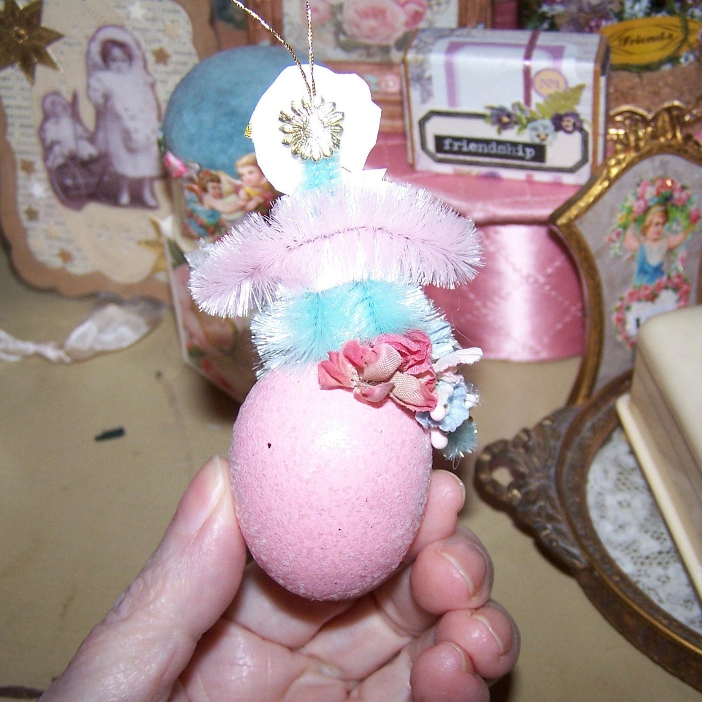 Victorian Revival Chenille Ornament | Little Girl on Egg - OH HAPPY DAY