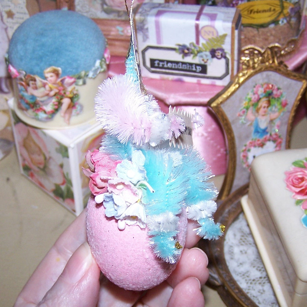 Victorian Revival Chenille Ornament | Little Girl on Egg - OH HAPPY DAY