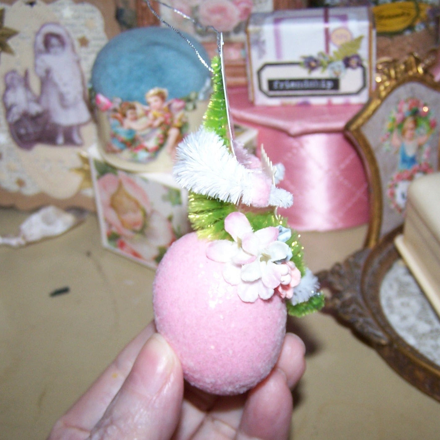 Handcrafted Chenille Ornament | Victorian Girl on Pink Egg - SPRING IS HERE