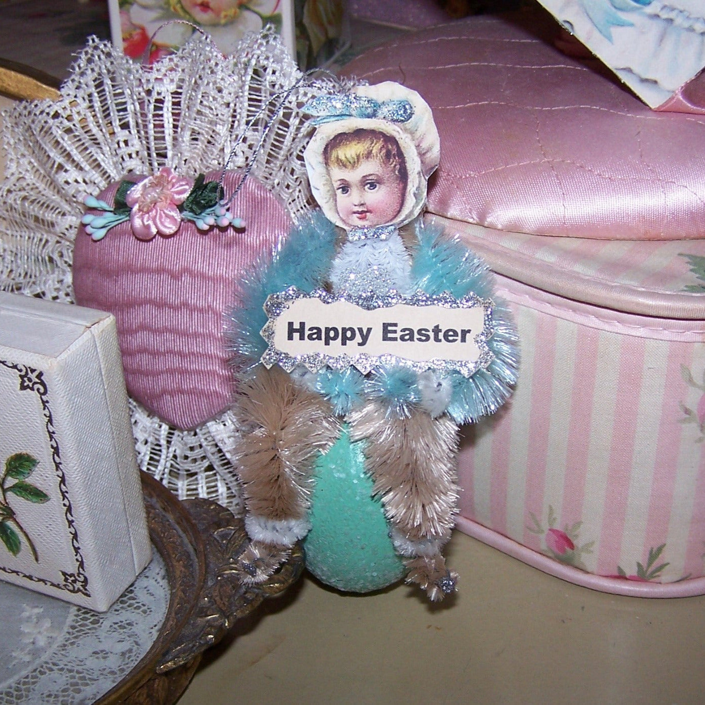 Handcrafted Chenille Ornament | Victorian Girl on Aqua Egg - HAPPY EASTER
