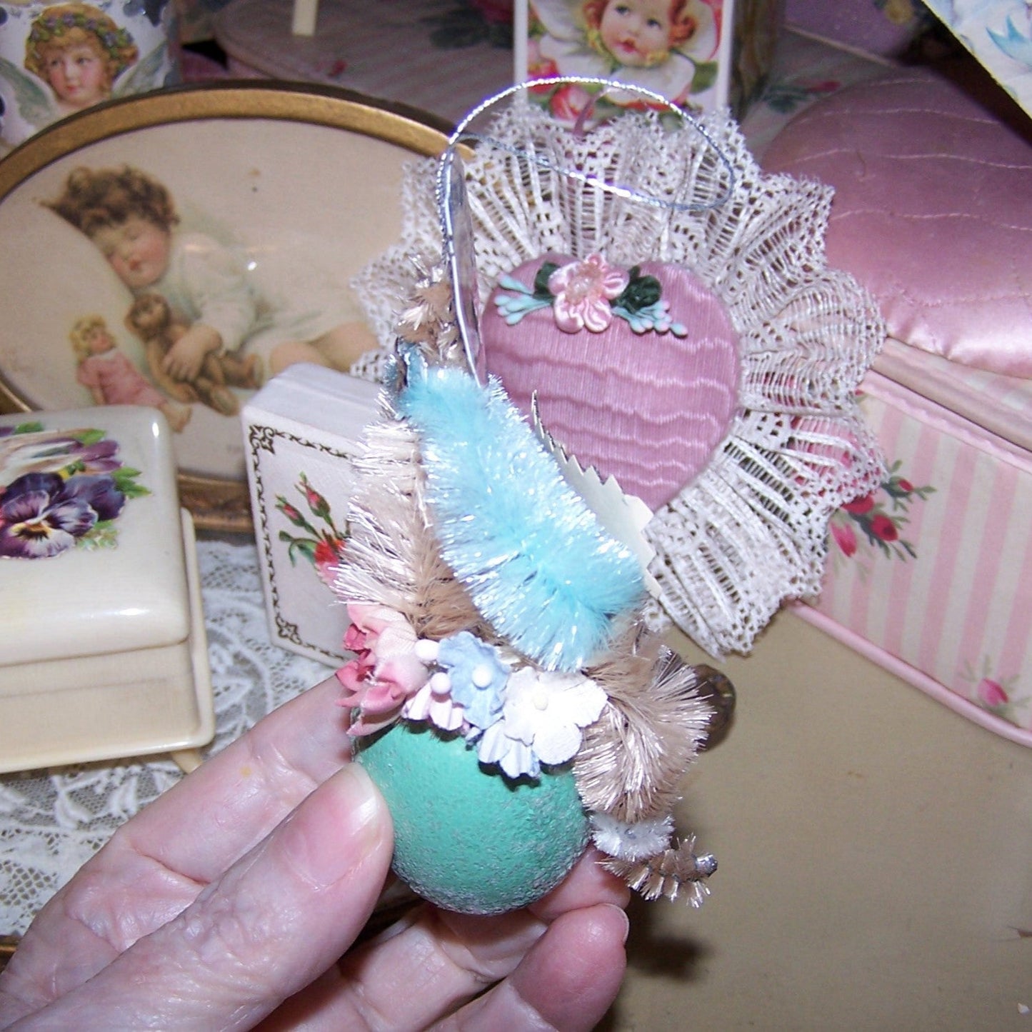 Handcrafted Chenille Ornament | Victorian Girl on Aqua Egg - HAPPY EASTER