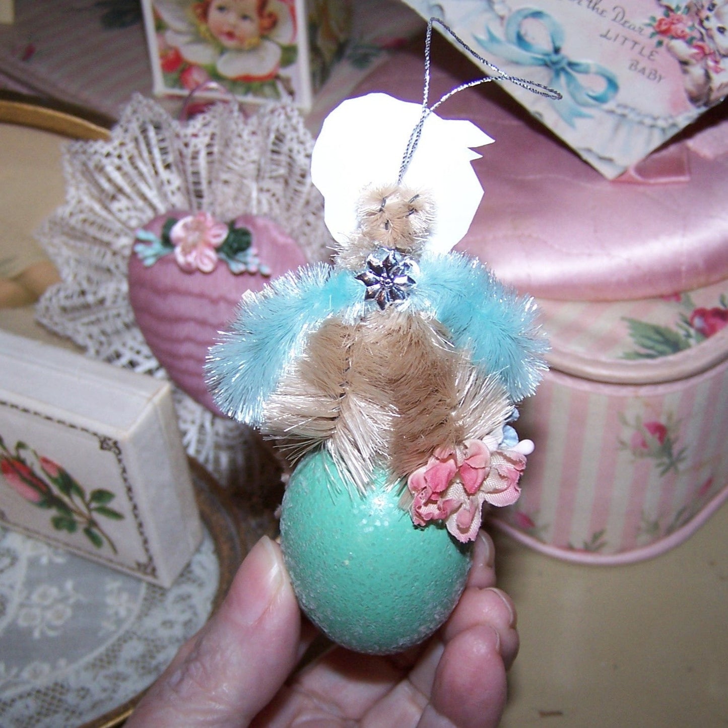 Handcrafted Chenille Ornament | Victorian Girl on Aqua Egg - HAPPY EASTER