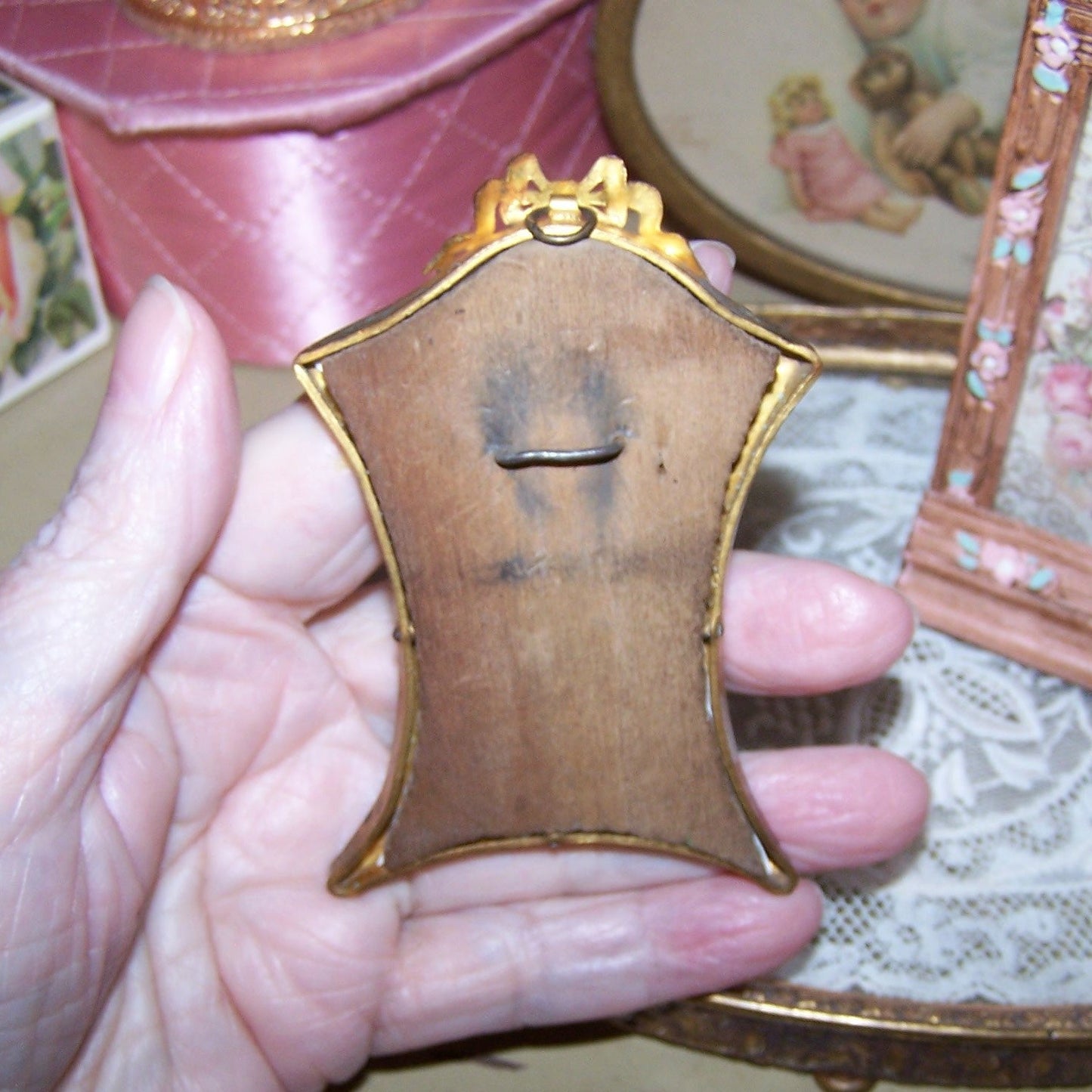 Antique French Gilt Bronze Mini Frame with Victorian Die Cut Center