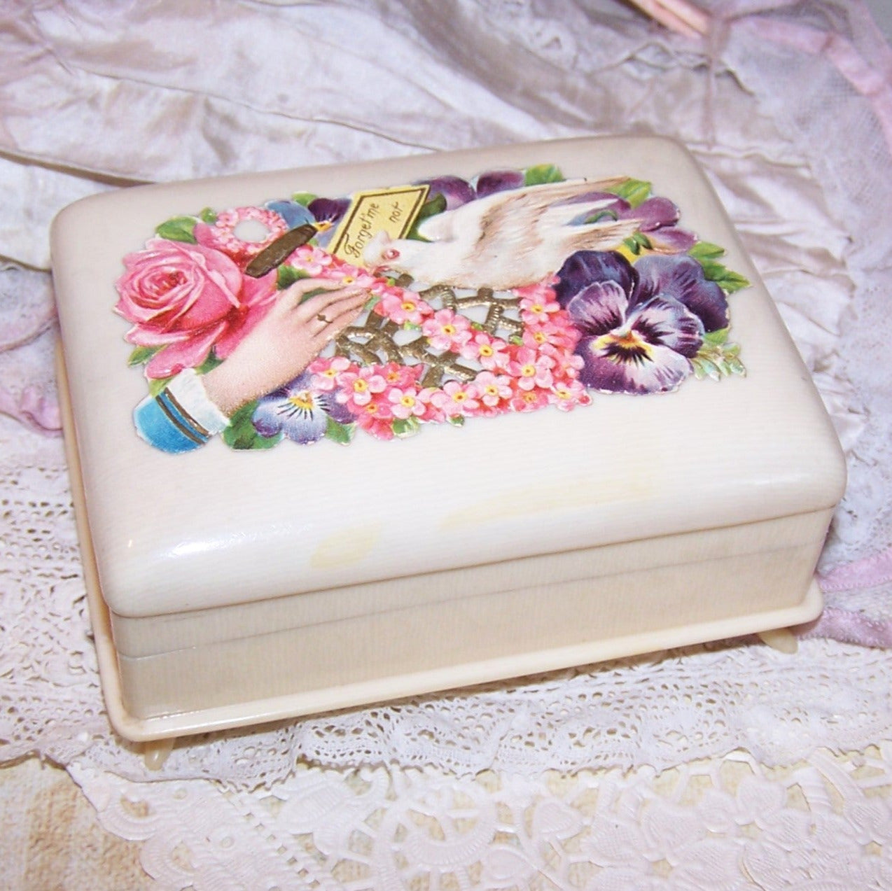 ART DECO Celluloid Jewelry Box - Purple Velvet Interior | 3 Ring Slot