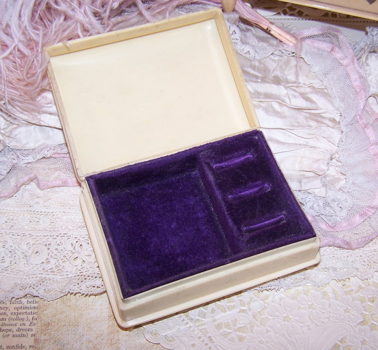 ART DECO Celluloid Jewelry Box - Purple Velvet Interior | 3 Ring Slot