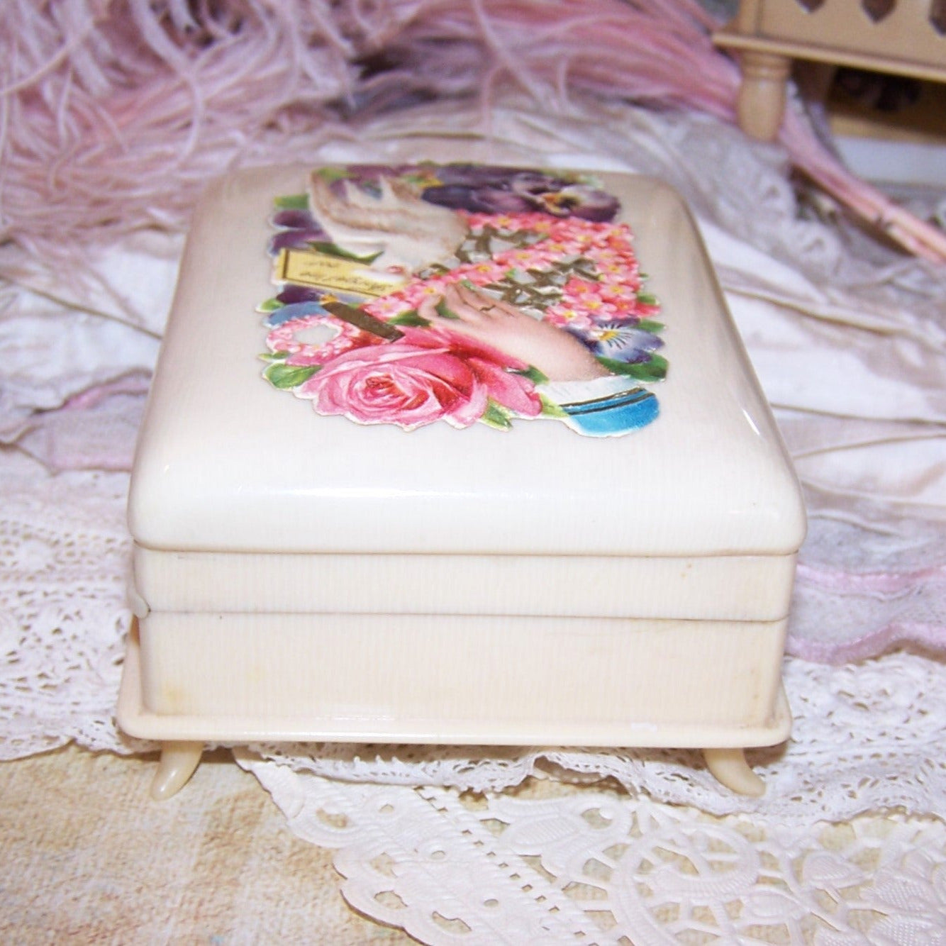 ART DECO Celluloid Jewelry Box - Purple Velvet Interior | 3 Ring Slot