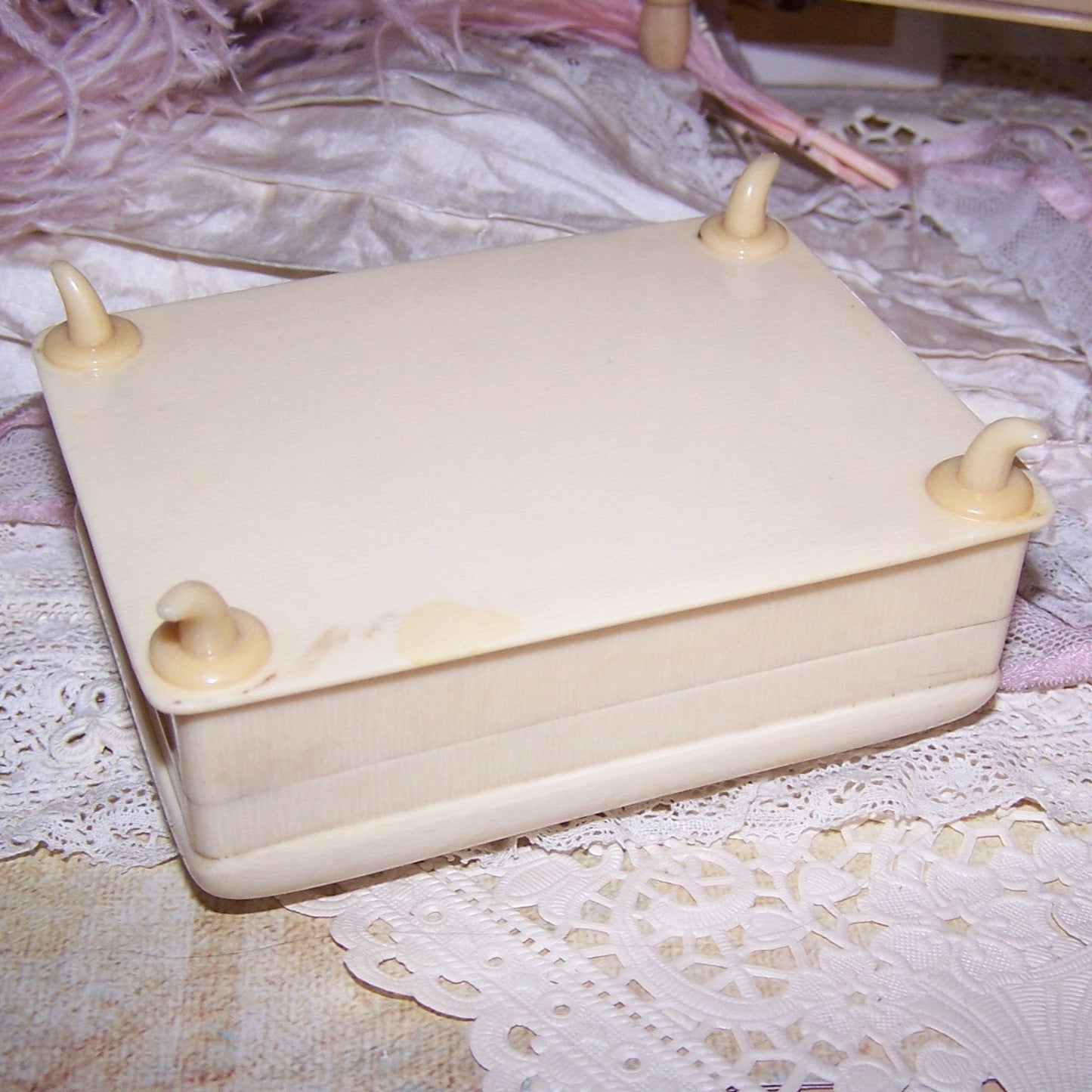 ART DECO Celluloid Jewelry Box - Purple Velvet Interior | 3 Ring Slot
