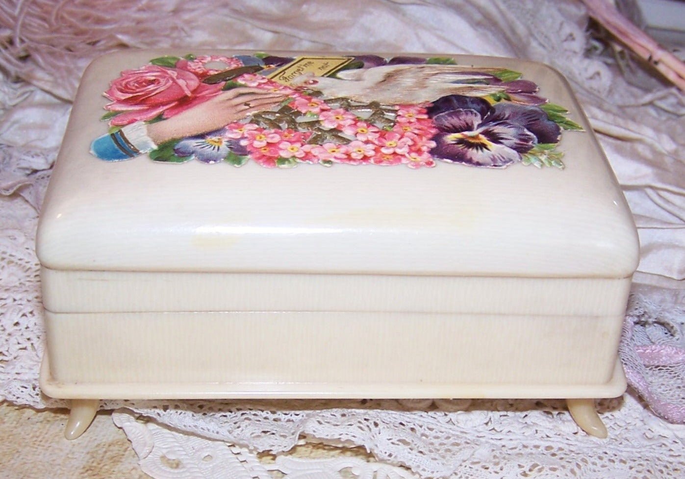 ART DECO Celluloid Jewelry Box - Purple Velvet Interior | 3 Ring Slot