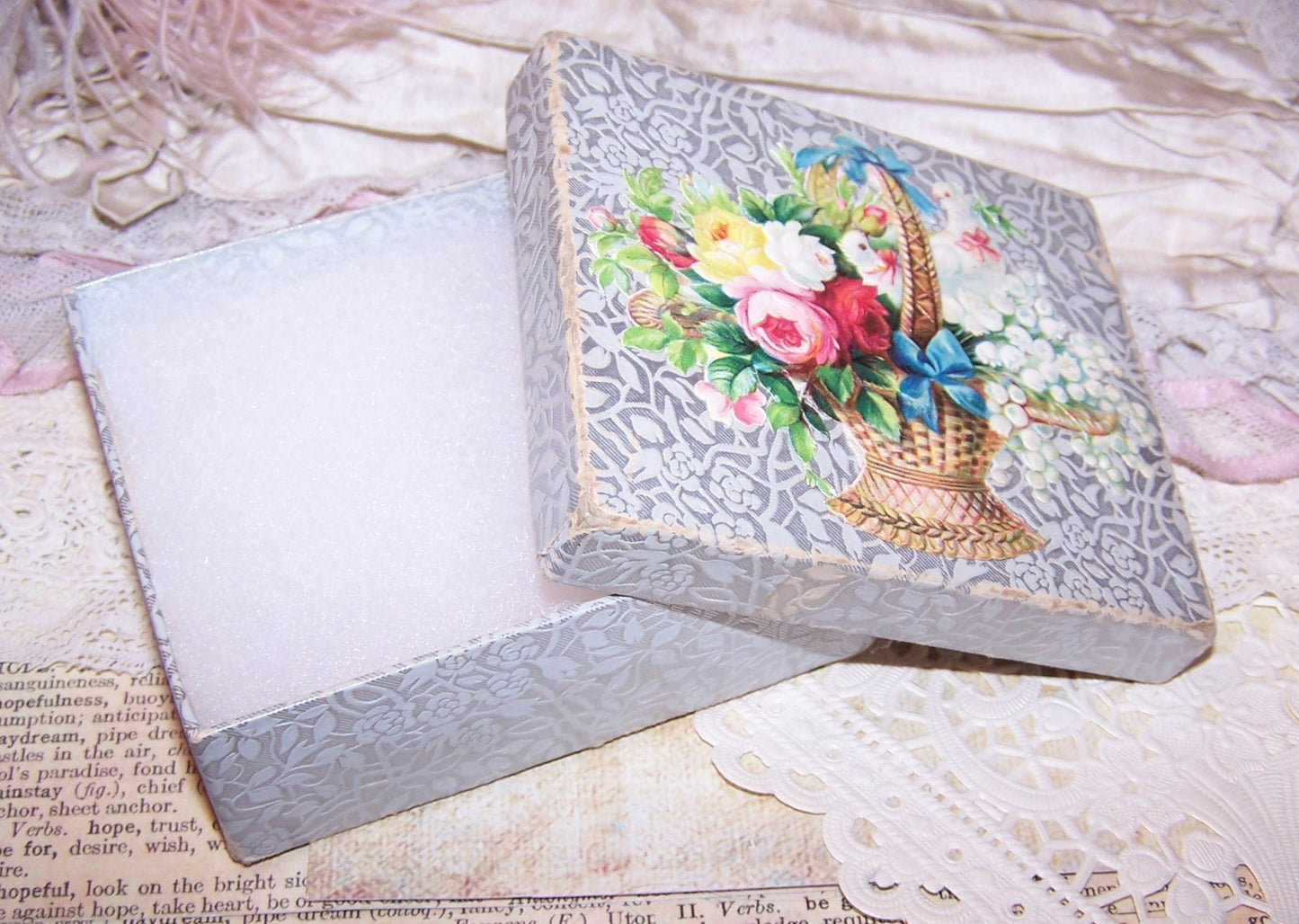 Antique Victorian Paper Box - Basket of Roses, Lily of the Valley & Doves