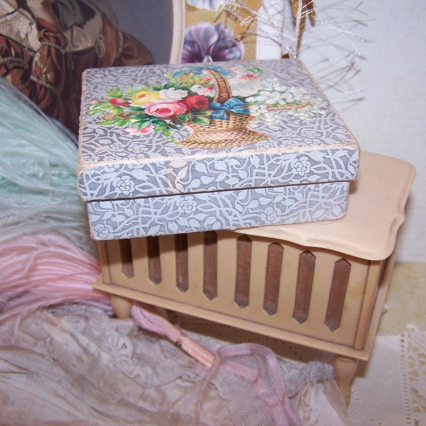 Antique Victorian Paper Box - Basket of Roses, Lily of the Valley & Doves