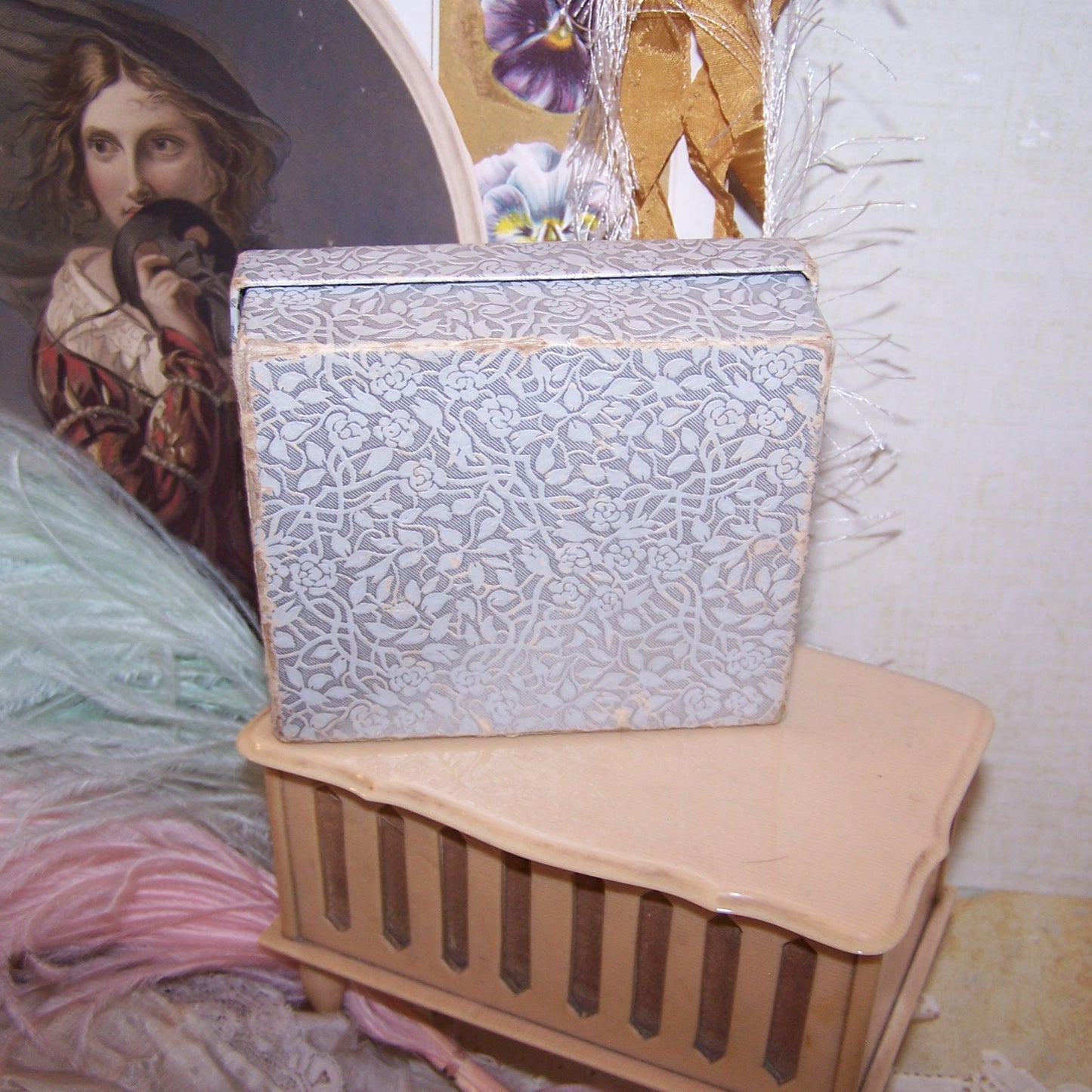 Antique Victorian Paper Box - Basket of Roses, Lily of the Valley & Doves