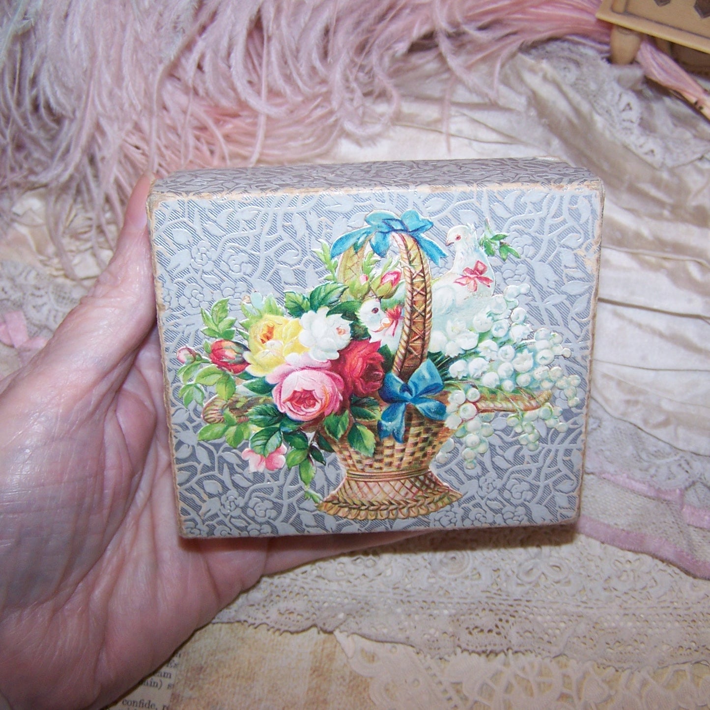 Antique Victorian Paper Box - Basket of Roses, Lily of the Valley & Doves