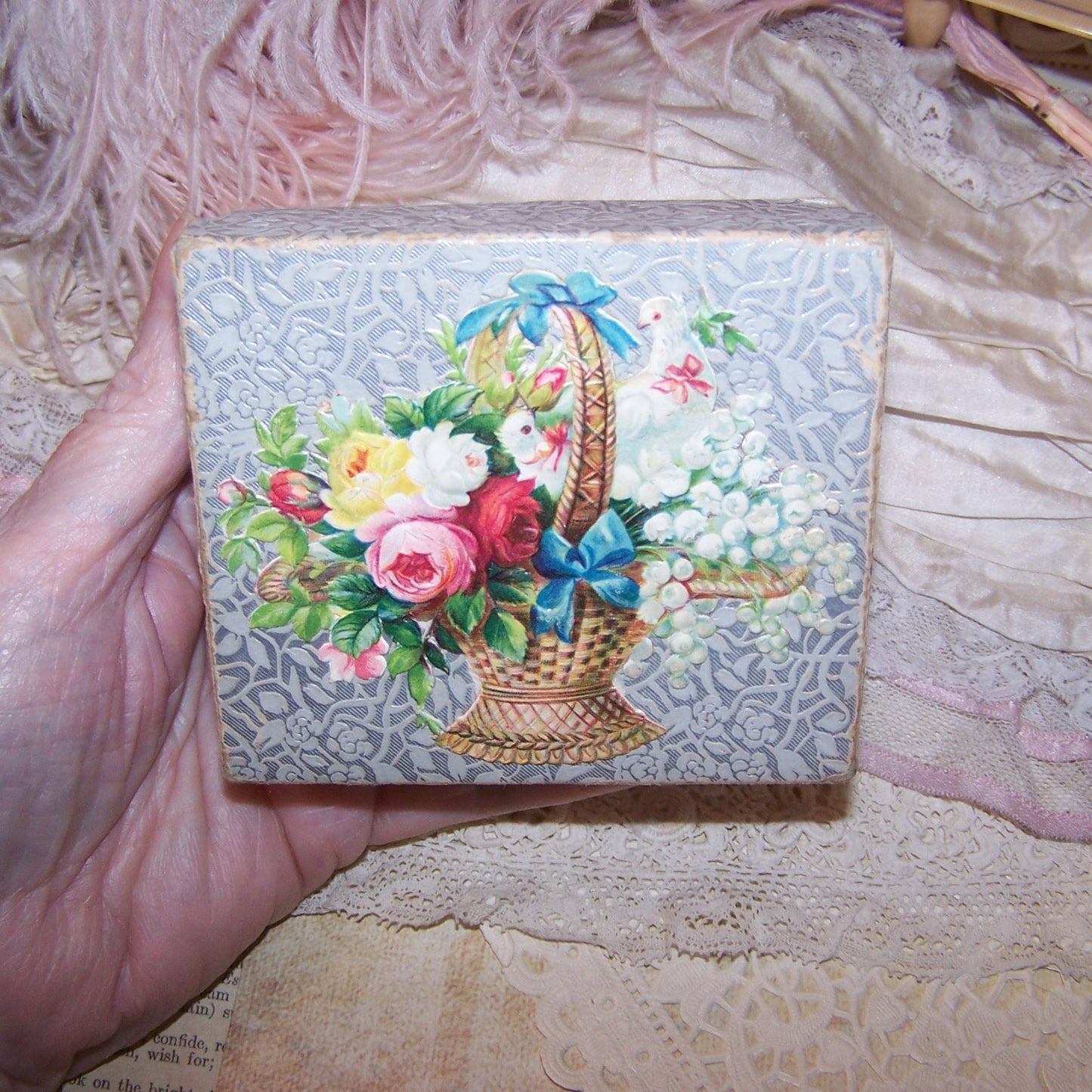 Antique Victorian Paper Box - Basket of Roses, Lily of the Valley & Doves