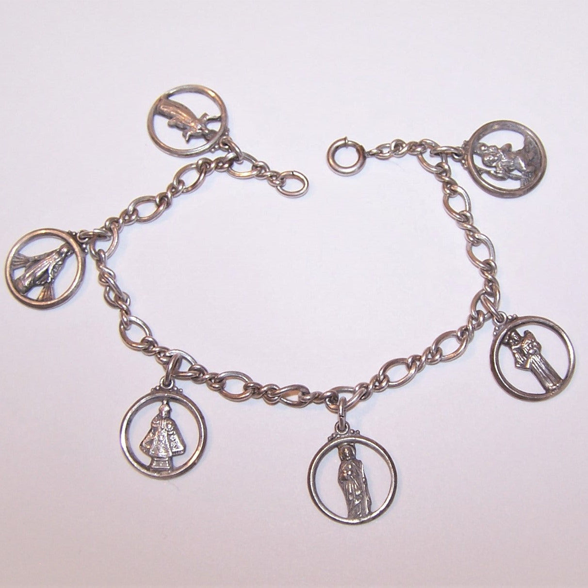Creed Sterling Silver 7" Charm Bracelet with 6 Religious Saints Charms