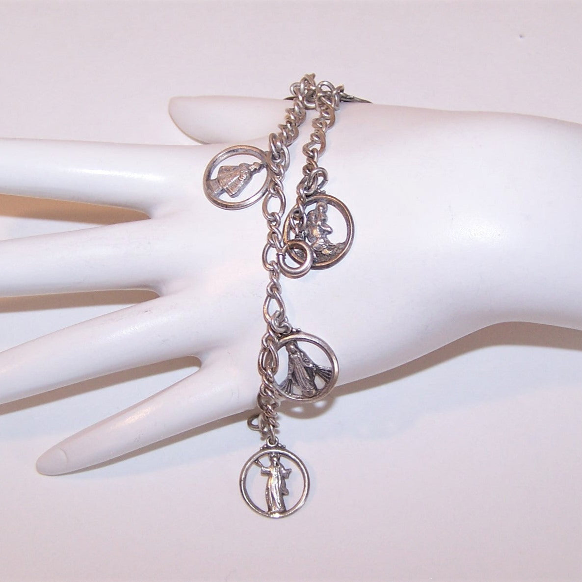 Creed Sterling Silver 7" Charm Bracelet with 6 Religious Saints Charms