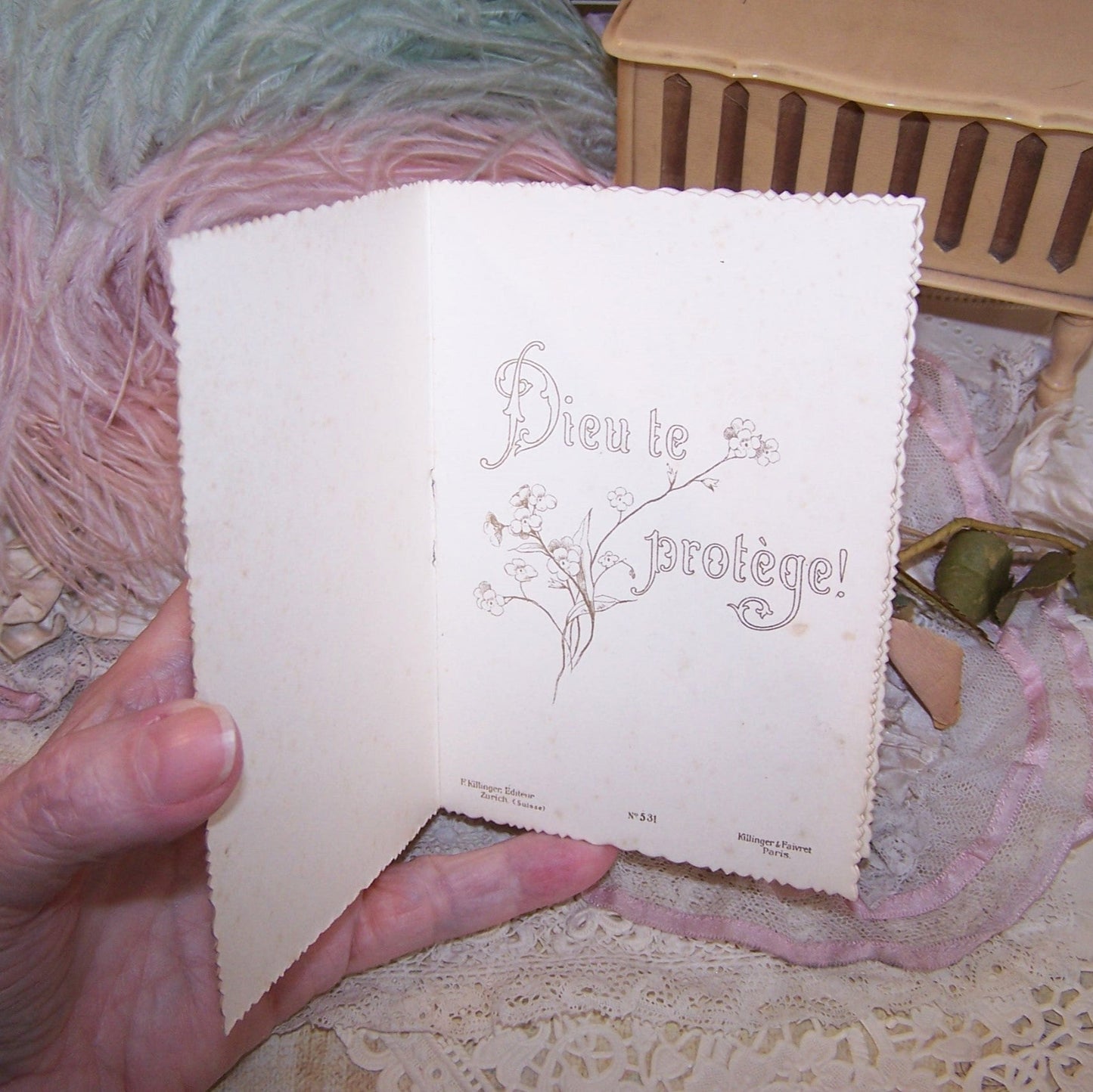 Antique French Softcover Booklet with Chromos - Dieu te Protege | God Protect You