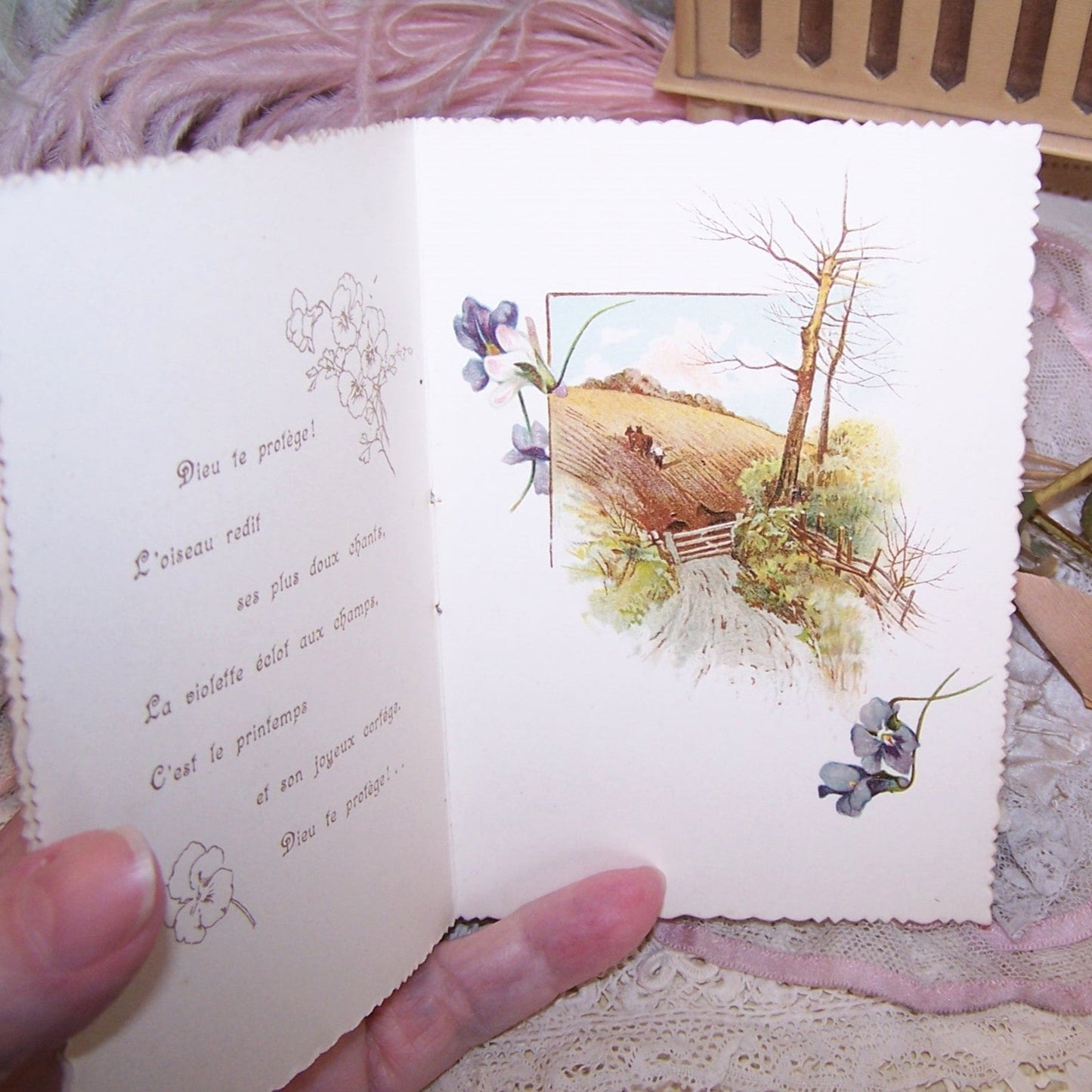 Antique French Softcover Booklet with Chromos - Dieu te Protege | God Protect You