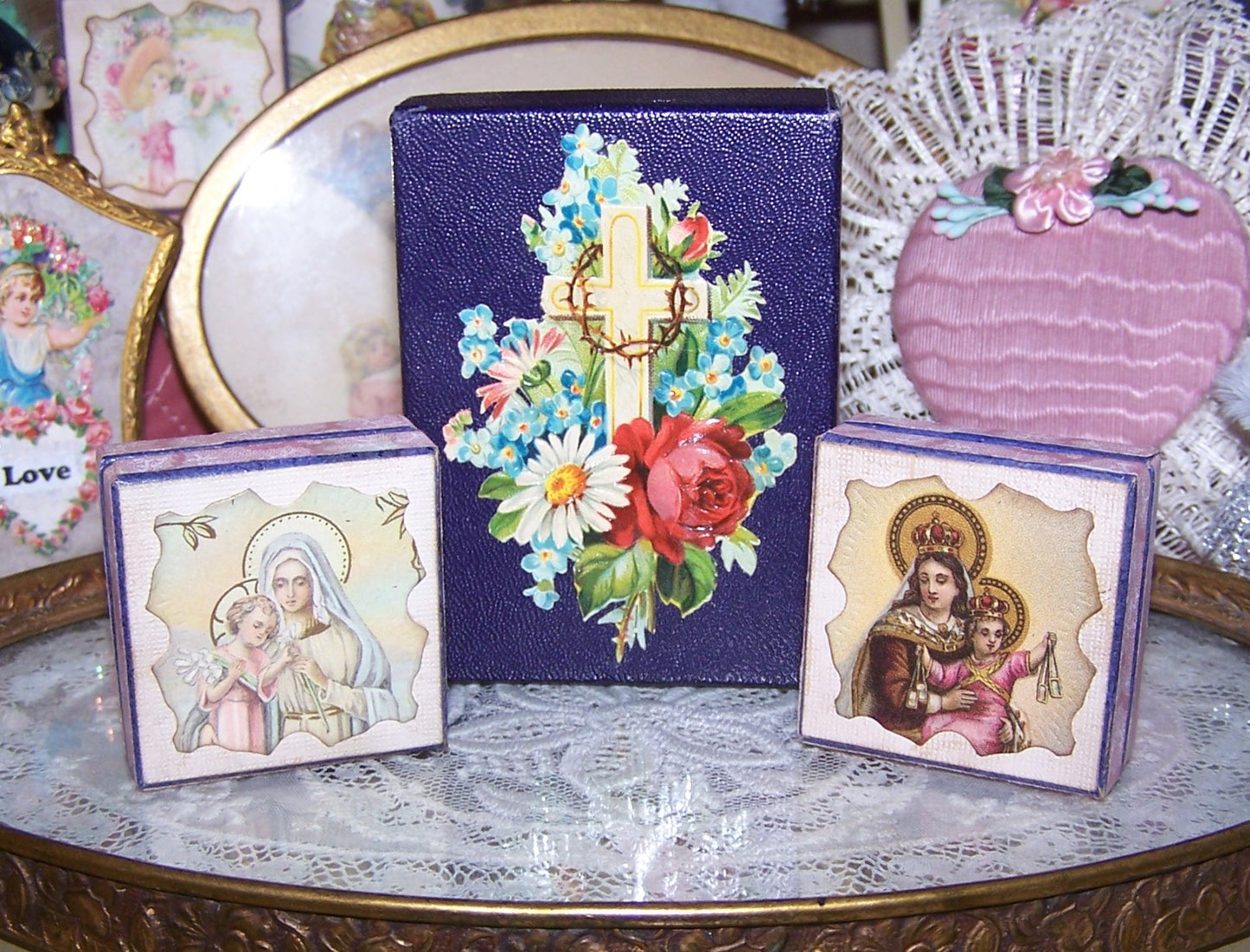Repurposed Antique French Pharmacy Pill Box - Our Lady of the Scapular