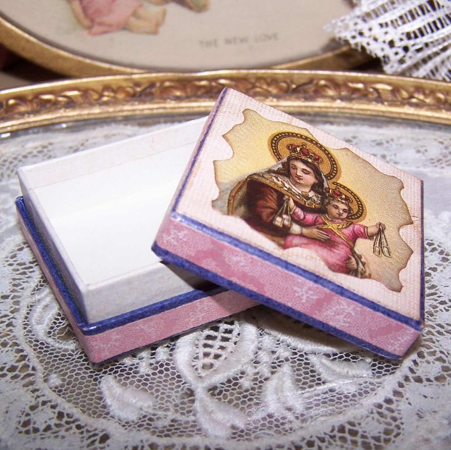 Repurposed Antique French Pharmacy Pill Box - Our Lady of the Scapular