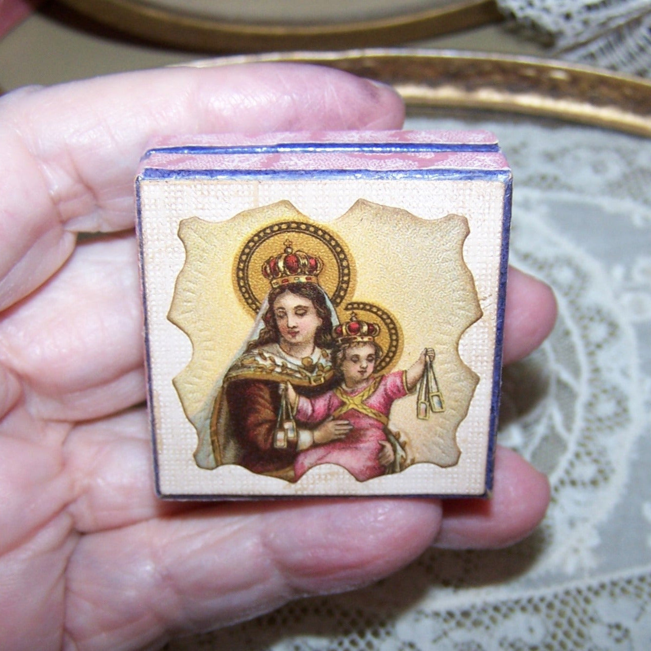 Repurposed Antique French Pharmacy Pill Box - Our Lady of the Scapular