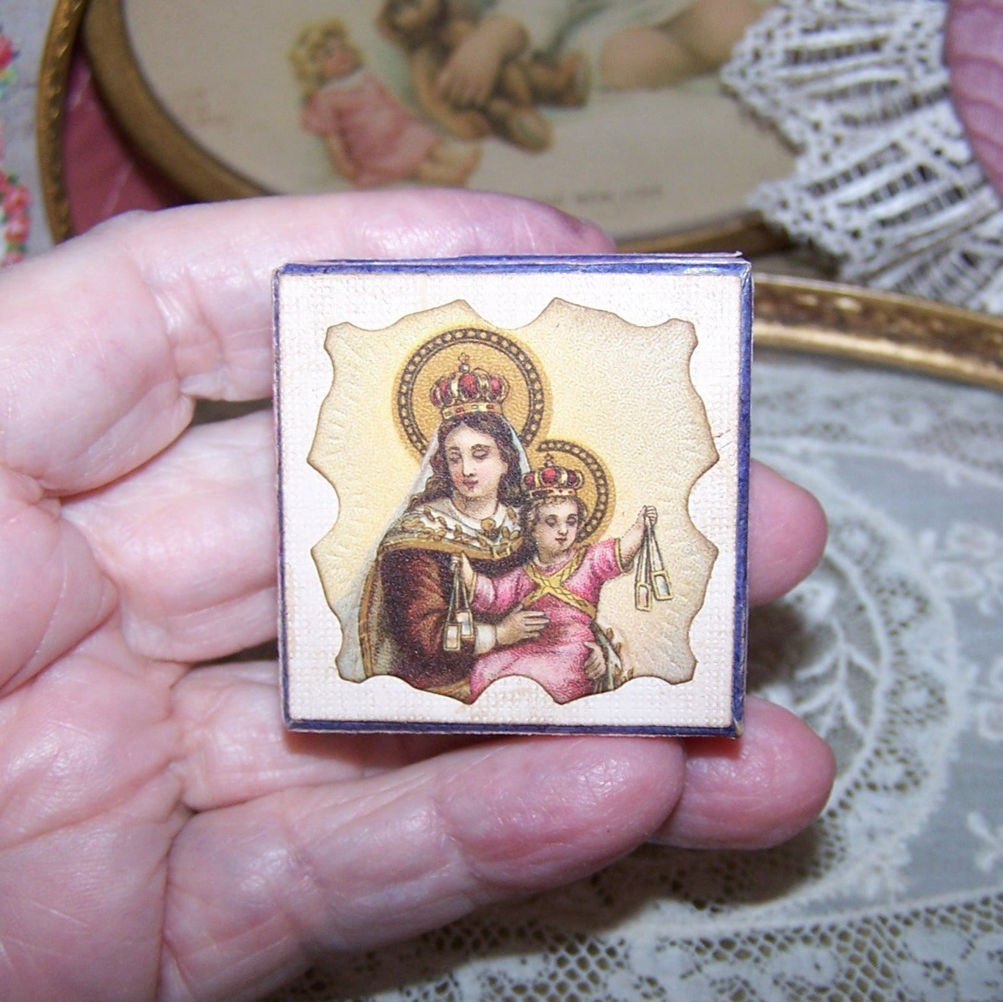Repurposed Antique French Pharmacy Pill Box - Our Lady of the Scapular