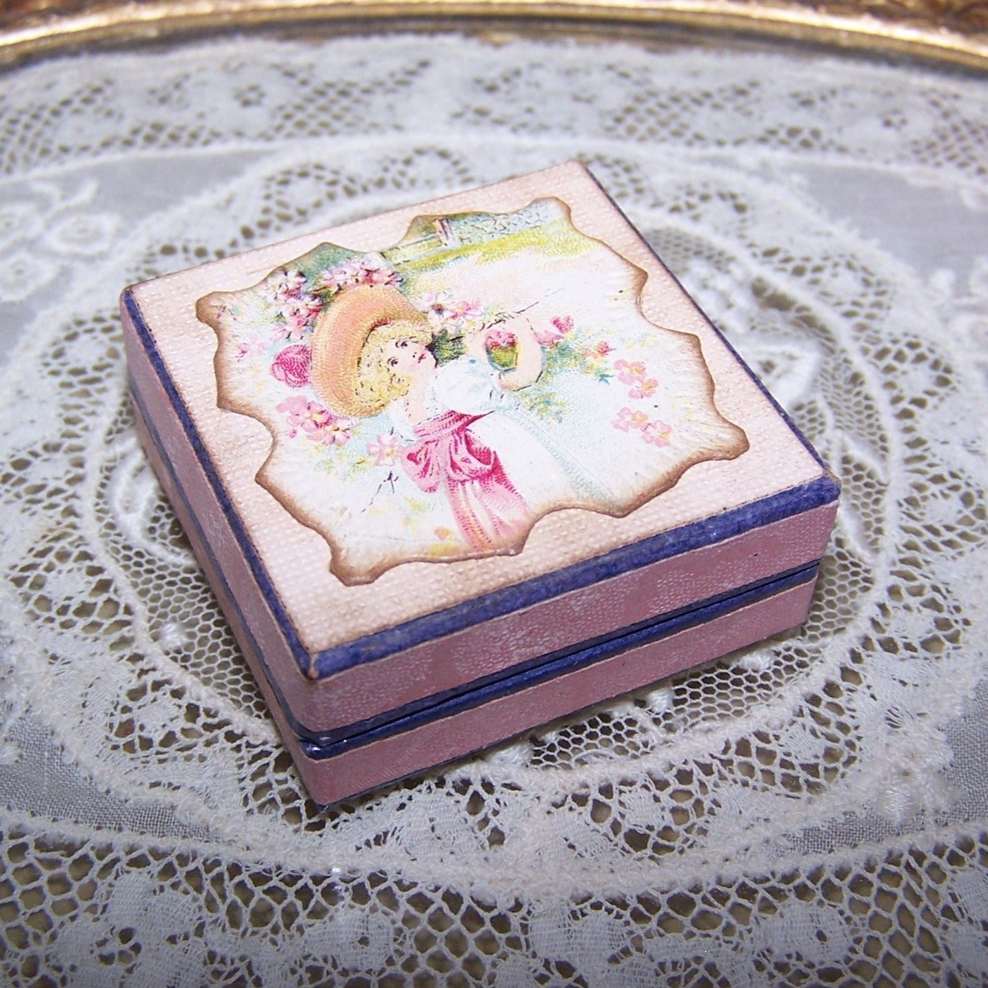 Repurposed Antique French Pharmacy Pill Box - Young Lady and Spring Flowers