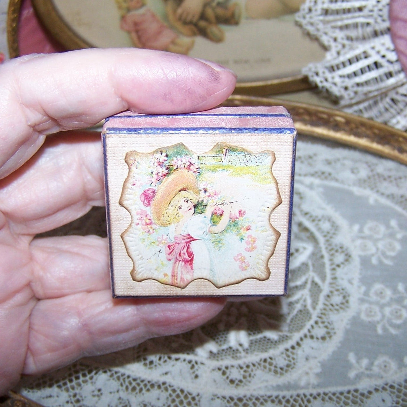 Repurposed Antique French Pharmacy Pill Box - Young Lady and Spring Flowers