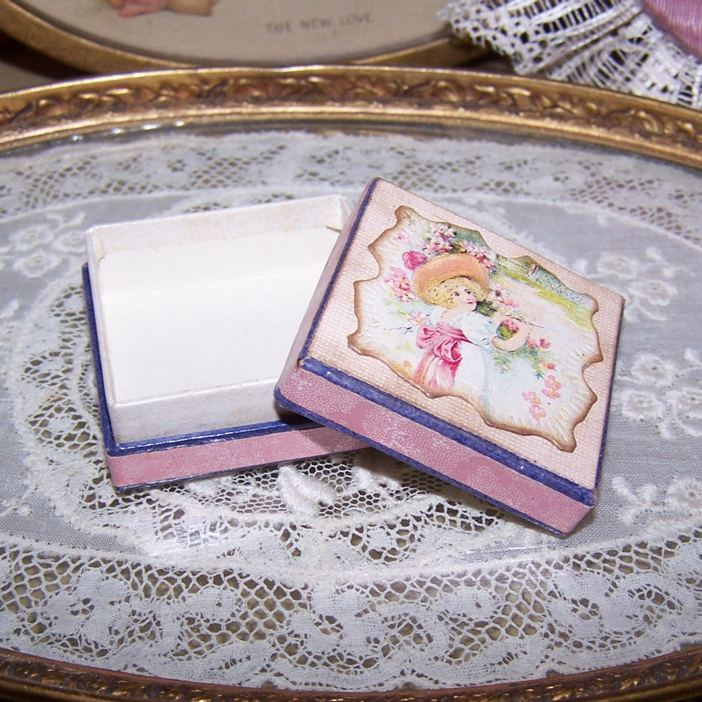 Repurposed Antique French Pharmacy Pill Box - Young Lady and Spring Flowers