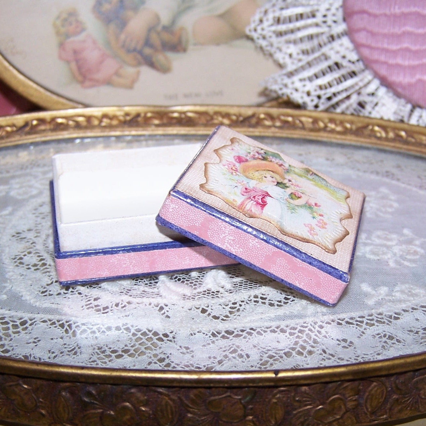 Repurposed Antique French Pharmacy Pill Box - Young Lady and Spring Flowers