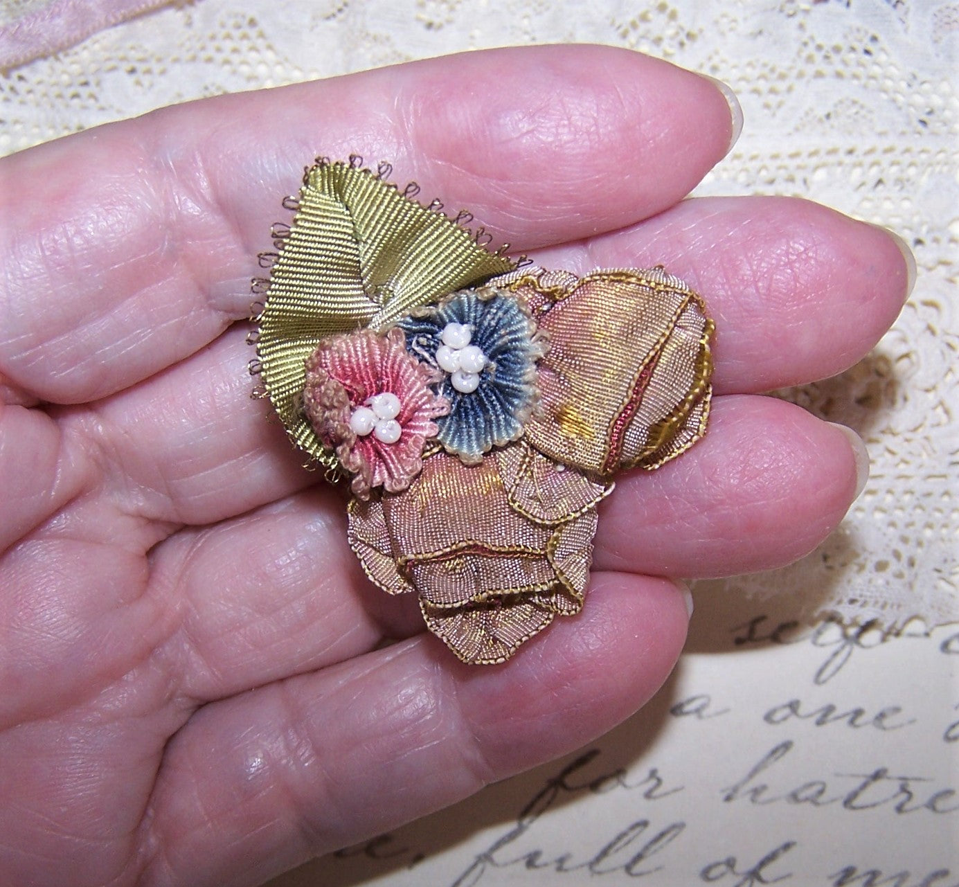 Antique French Ribbonwork - Red/Blue Floral Applique with Beads