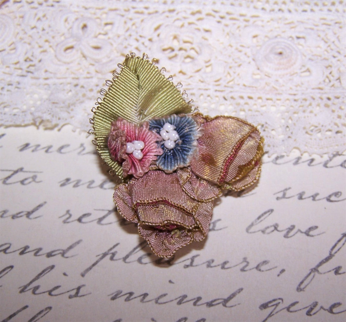 Antique French Ribbonwork - Red/Blue Floral Applique with Beads