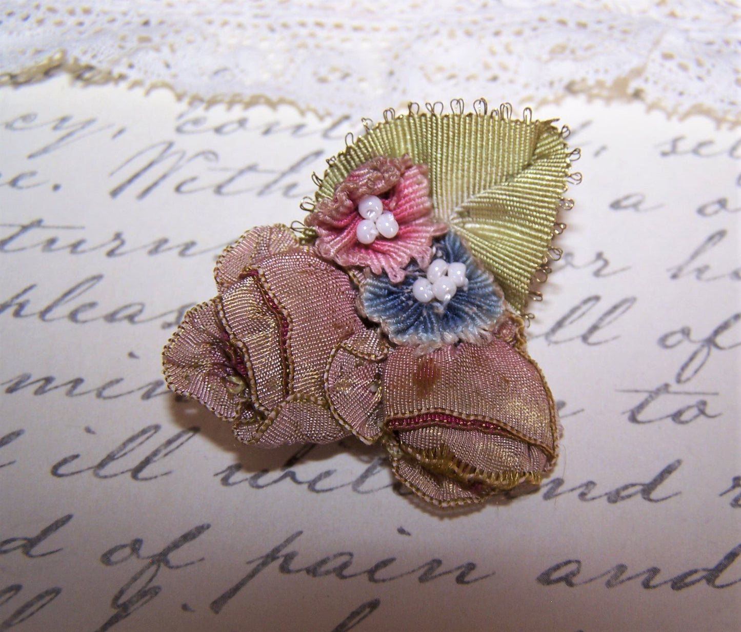 Antique French Ribbonwork - Red/Blue Floral Applique with Beads