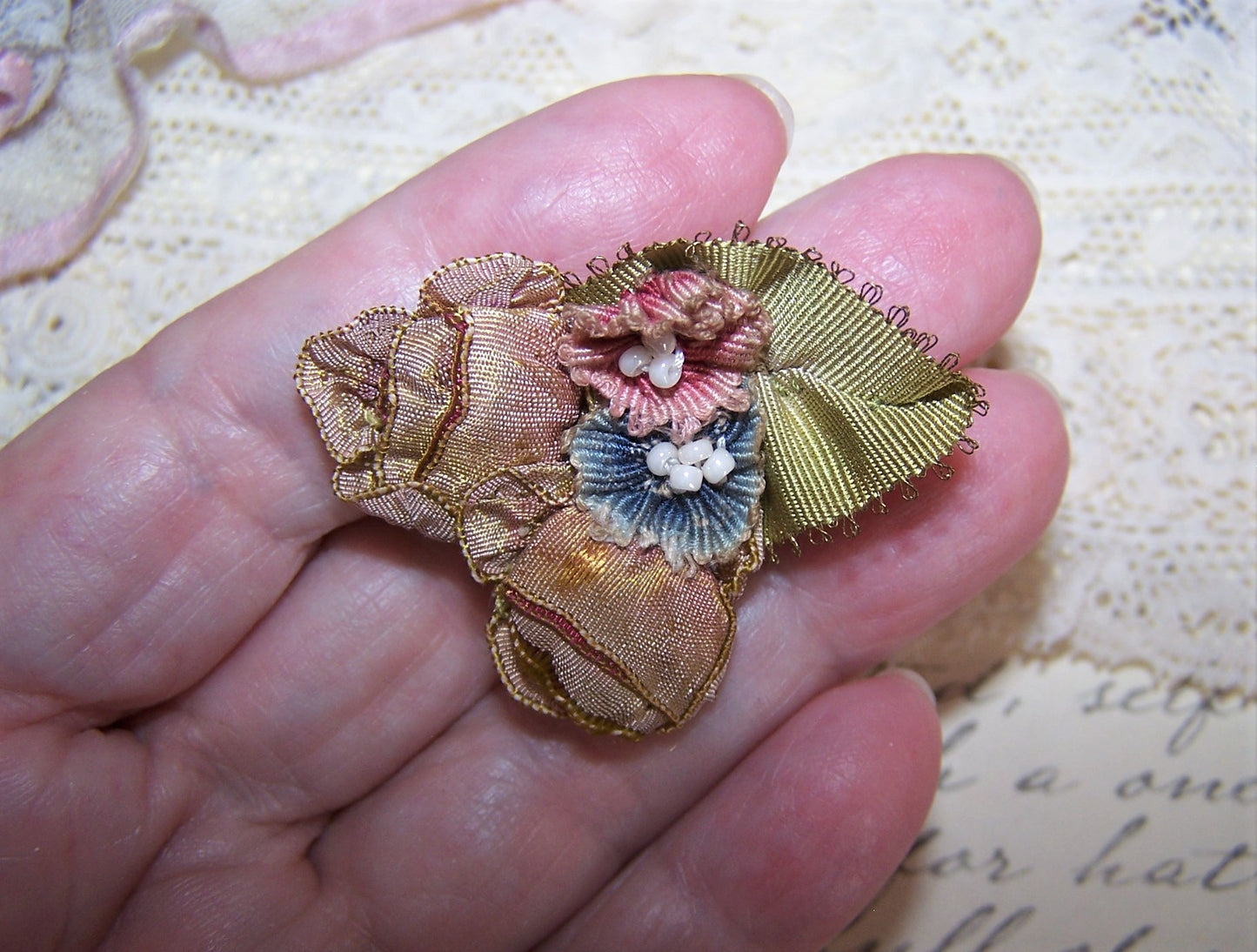 Antique French Ribbonwork - Red/Blue Floral Applique with Beads
