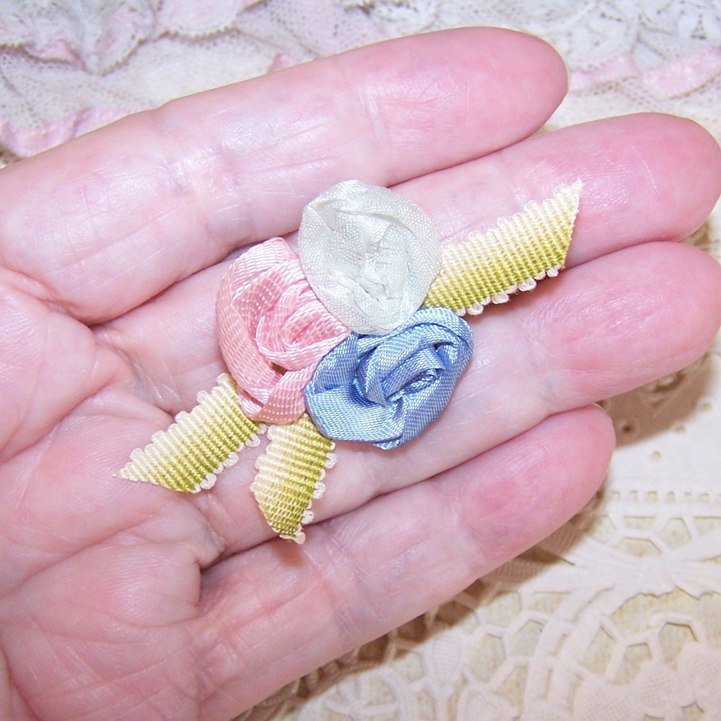 Revival French Ribbonwork Spray - Dress Hat Hanky Holder Applique