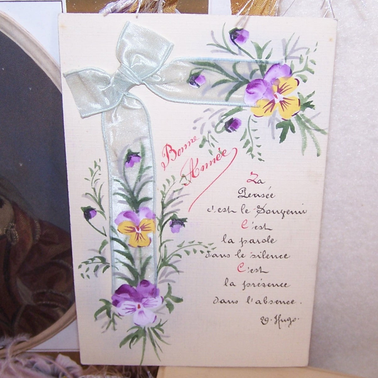 Antique Handpainted French Postcard - Happy New Year with Pansies