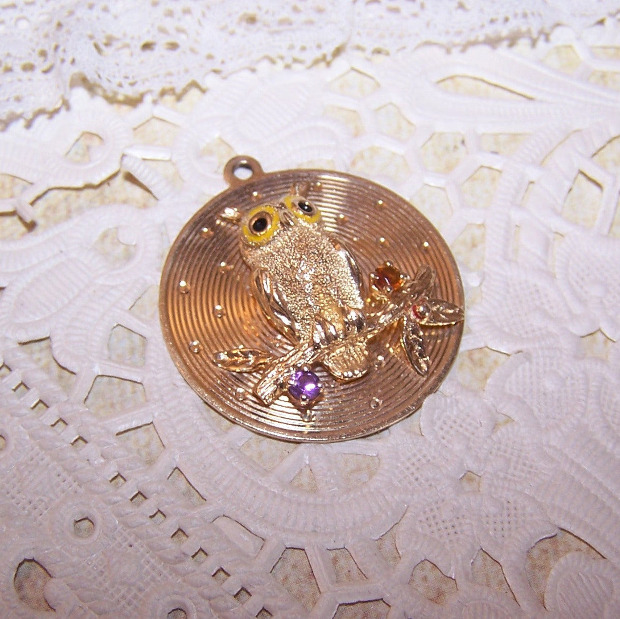 DANKNER 14K Gold Enamel Disc Charm - Halloween Owl on a Branch