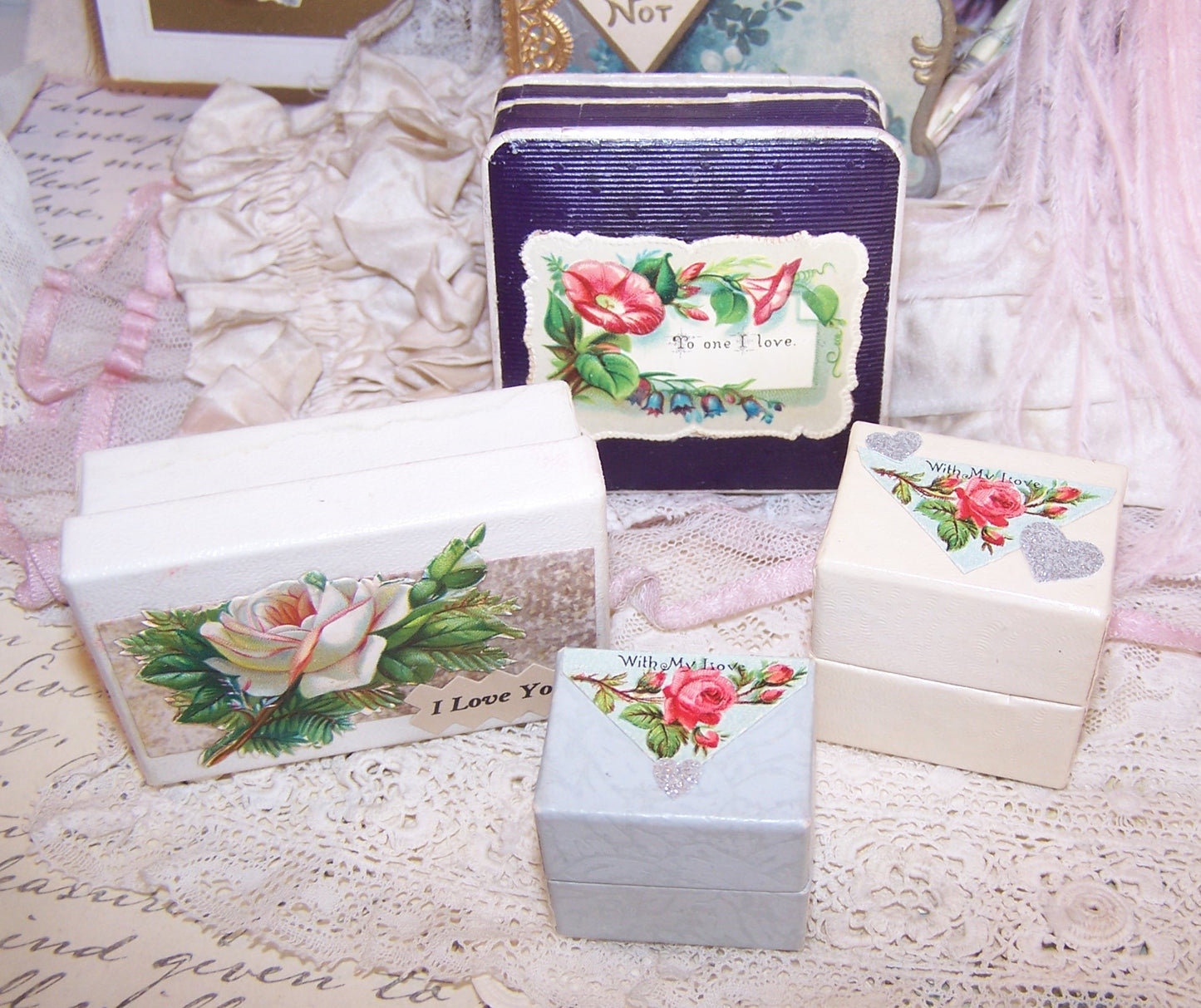 Cream Antique Victorian Paper Ring Box - WITH MY LOVE