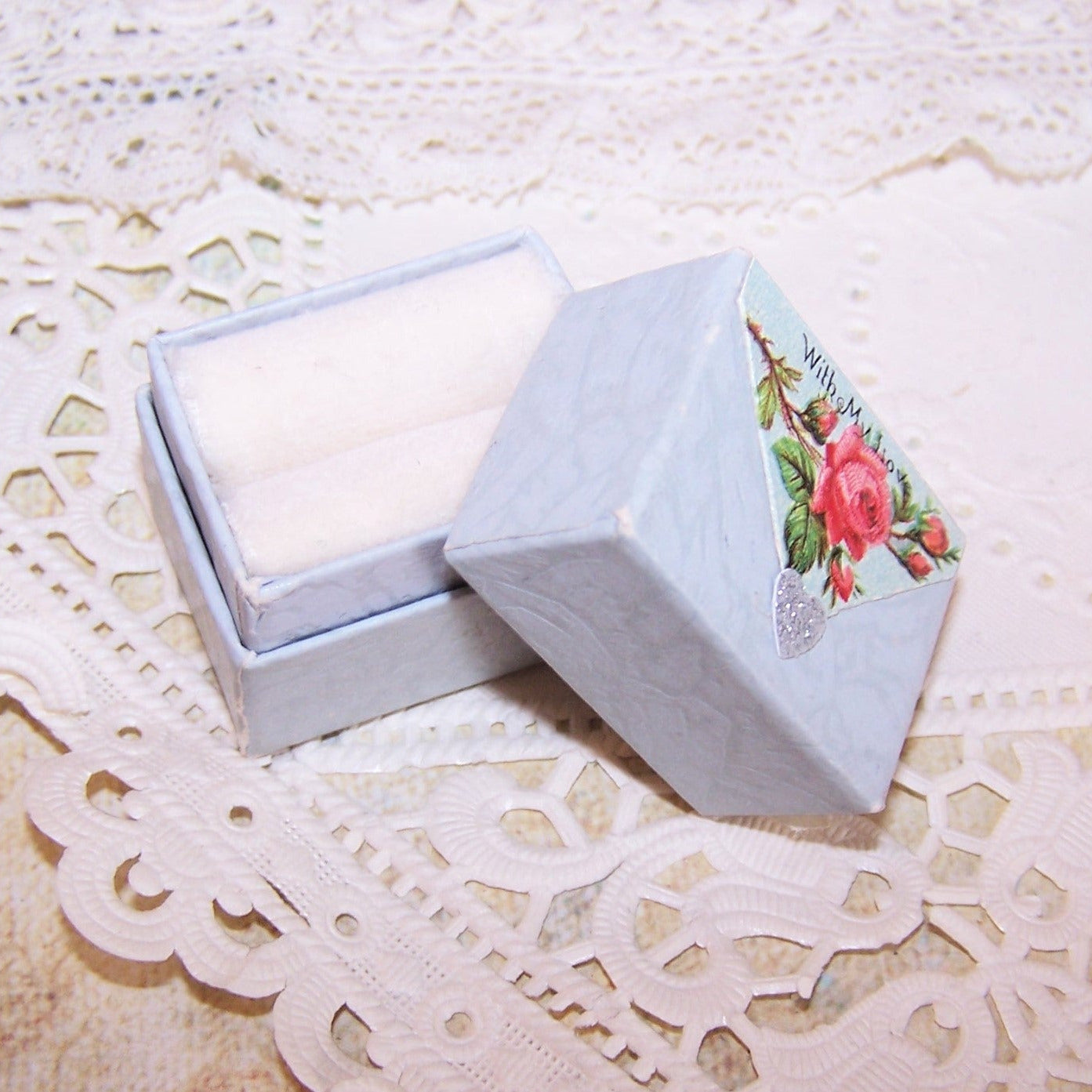 Lt Blue Antique Victorian Paper Ring Box - WITH MY LOVE