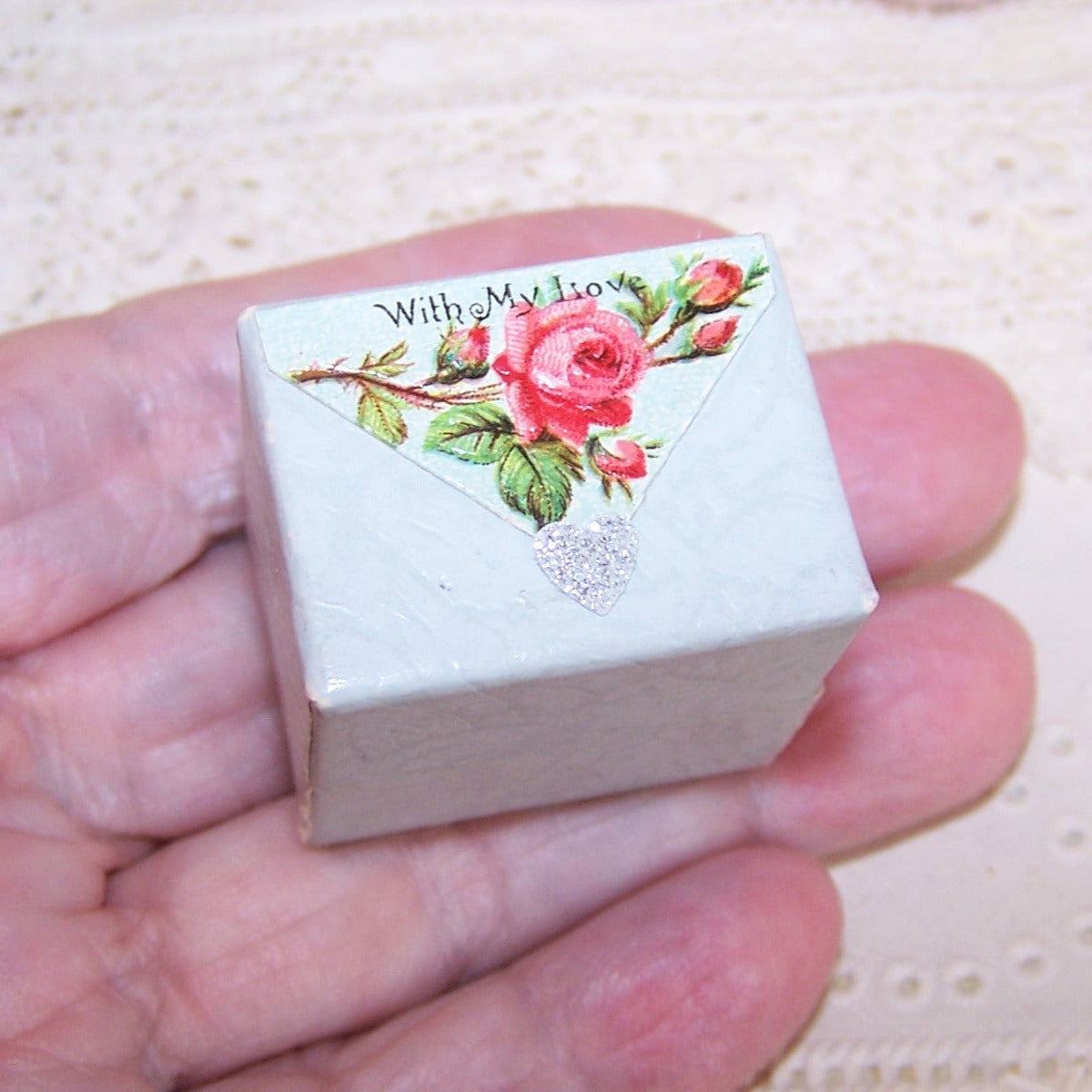 Lt Blue Antique Victorian Paper Ring Box - WITH MY LOVE