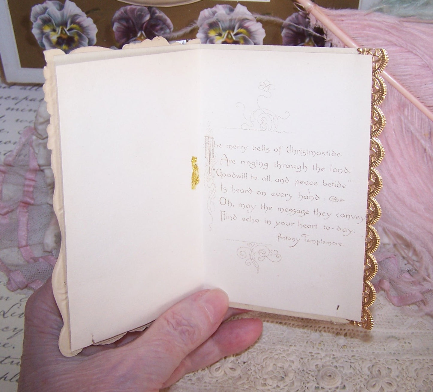 Repurposed Antique Victorian Christmas Greeting Card - Forget Me Not