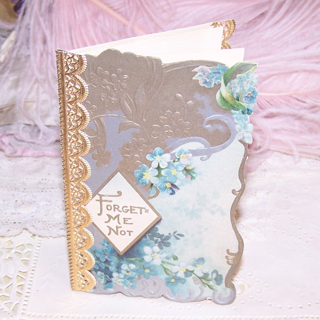 Repurposed Antique Victorian Christmas Greeting Card - Forget Me Not