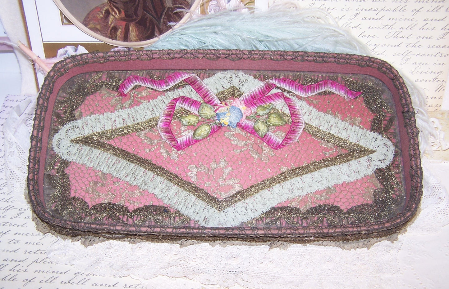 Antique French Ribbonwork Boudoir Tray with Rococo Ribbon Trim