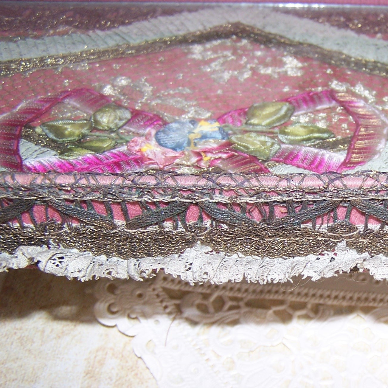 Antique French Ribbonwork Boudoir Tray with Rococo Ribbon Trim