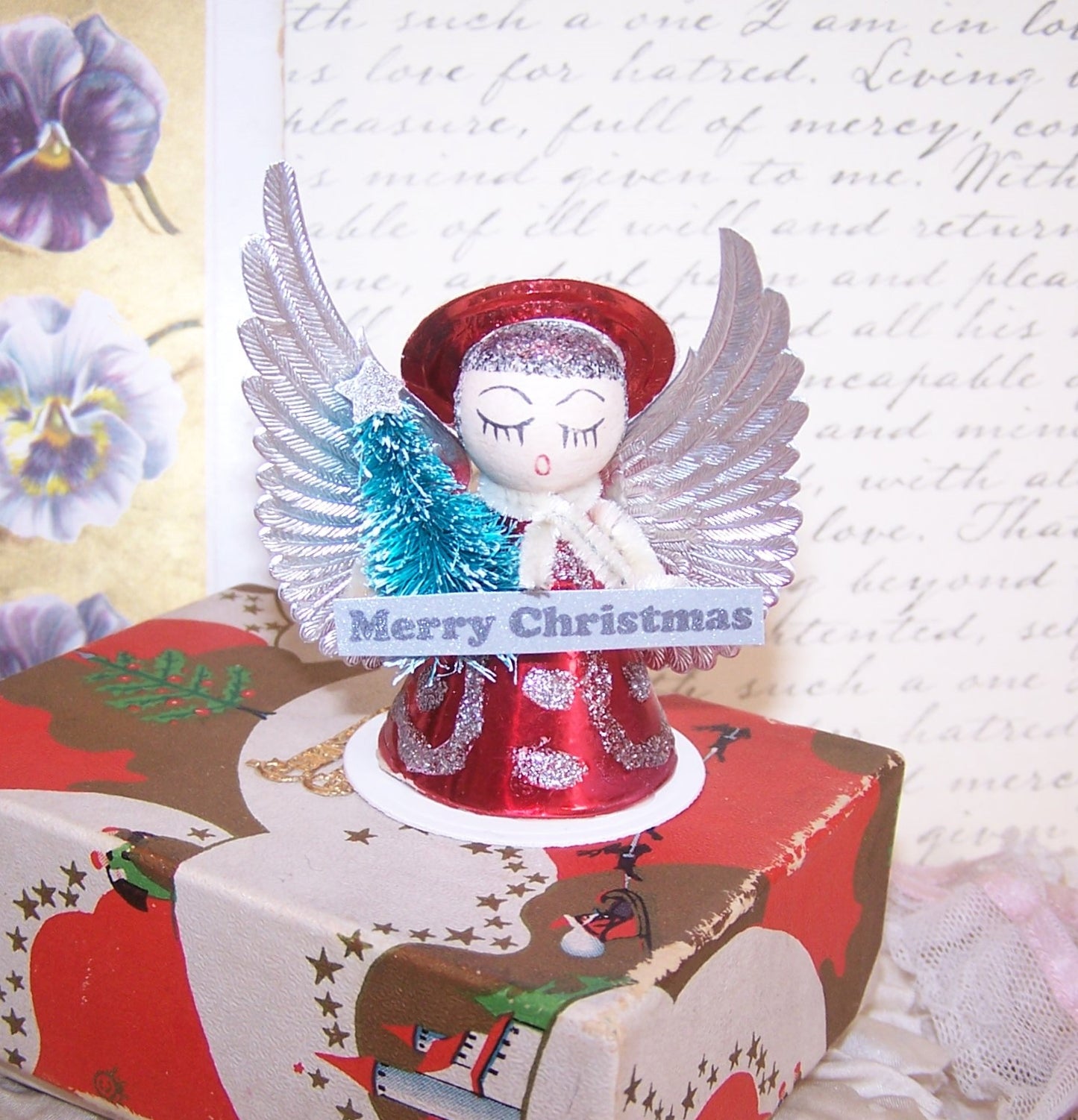 Upcycled Made in Japan Christmas Ornament - Angel Carrying Tree