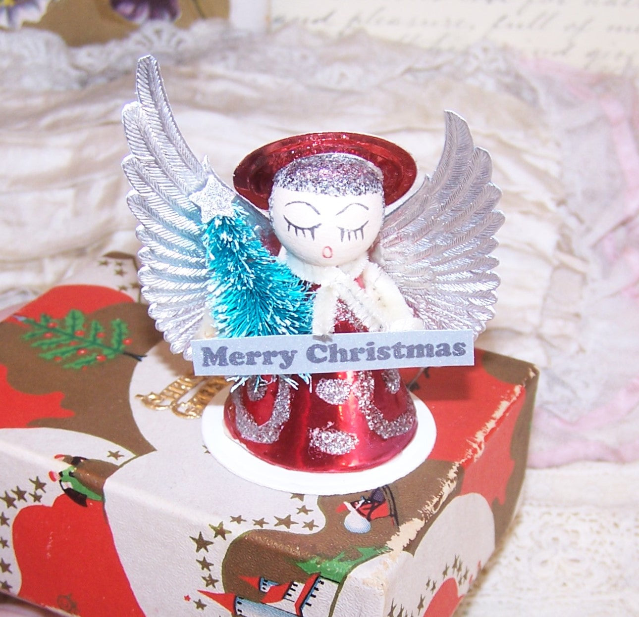 Upcycled Made in Japan Christmas Ornament - Angel Carrying Tree