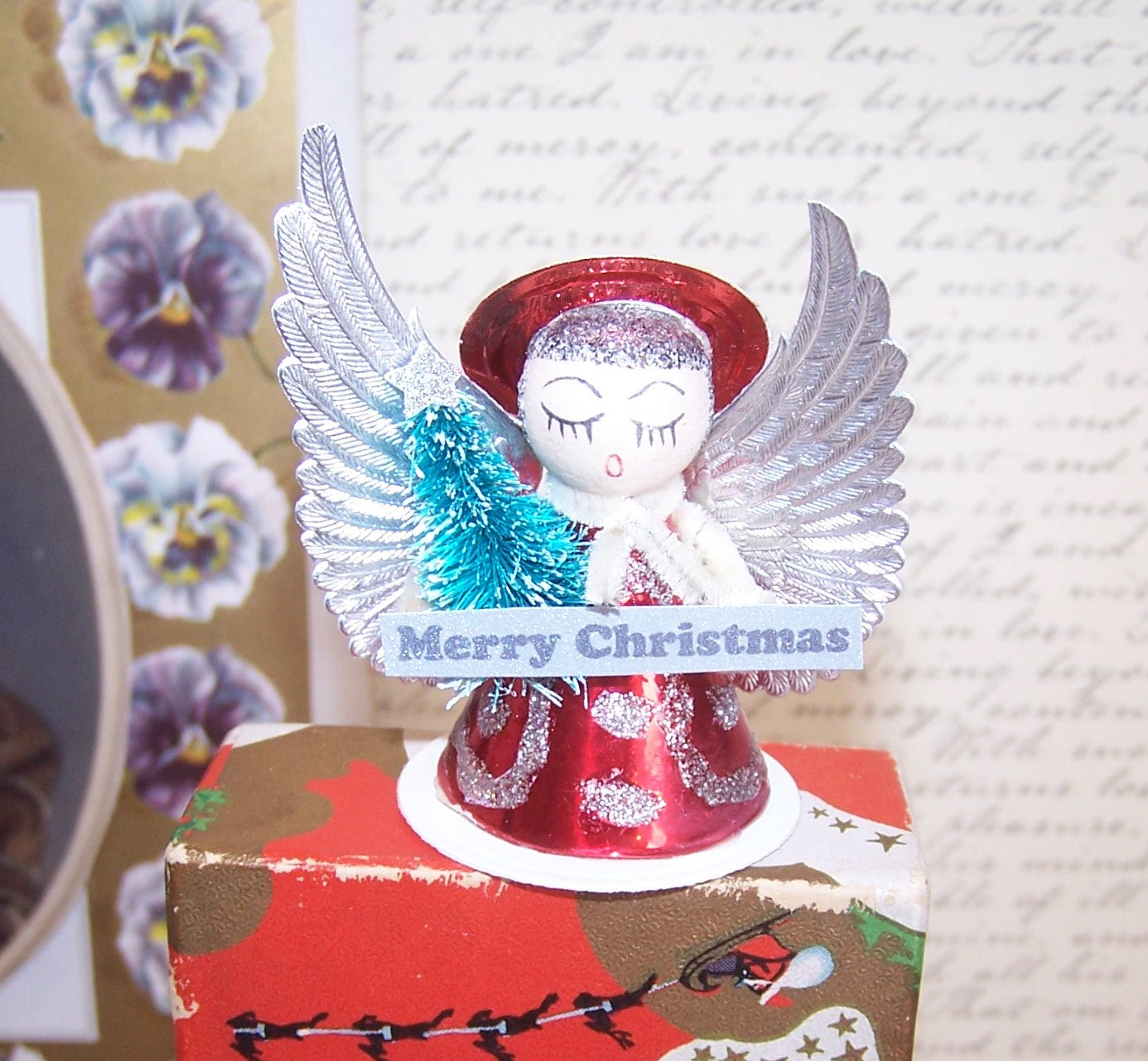 Upcycled Made in Japan Christmas Ornament - Angel Carrying Tree