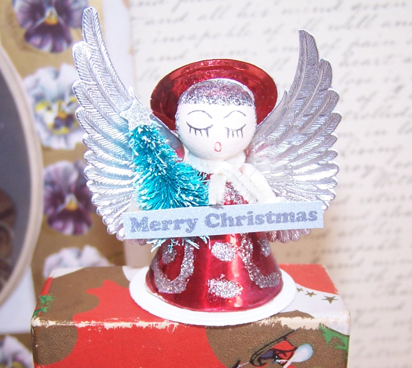 Upcycled Made in Japan Christmas Ornament - Angel Carrying Tree