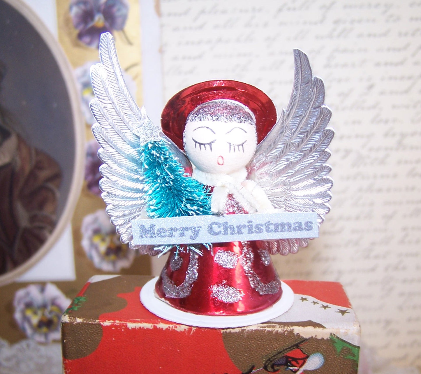 Upcycled Made in Japan Christmas Ornament - Angel Carrying Tree