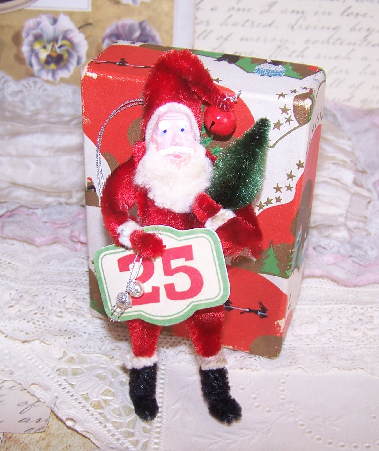 December 25 Christmas Ornament - Chenille Santa Claus Carrying Tree